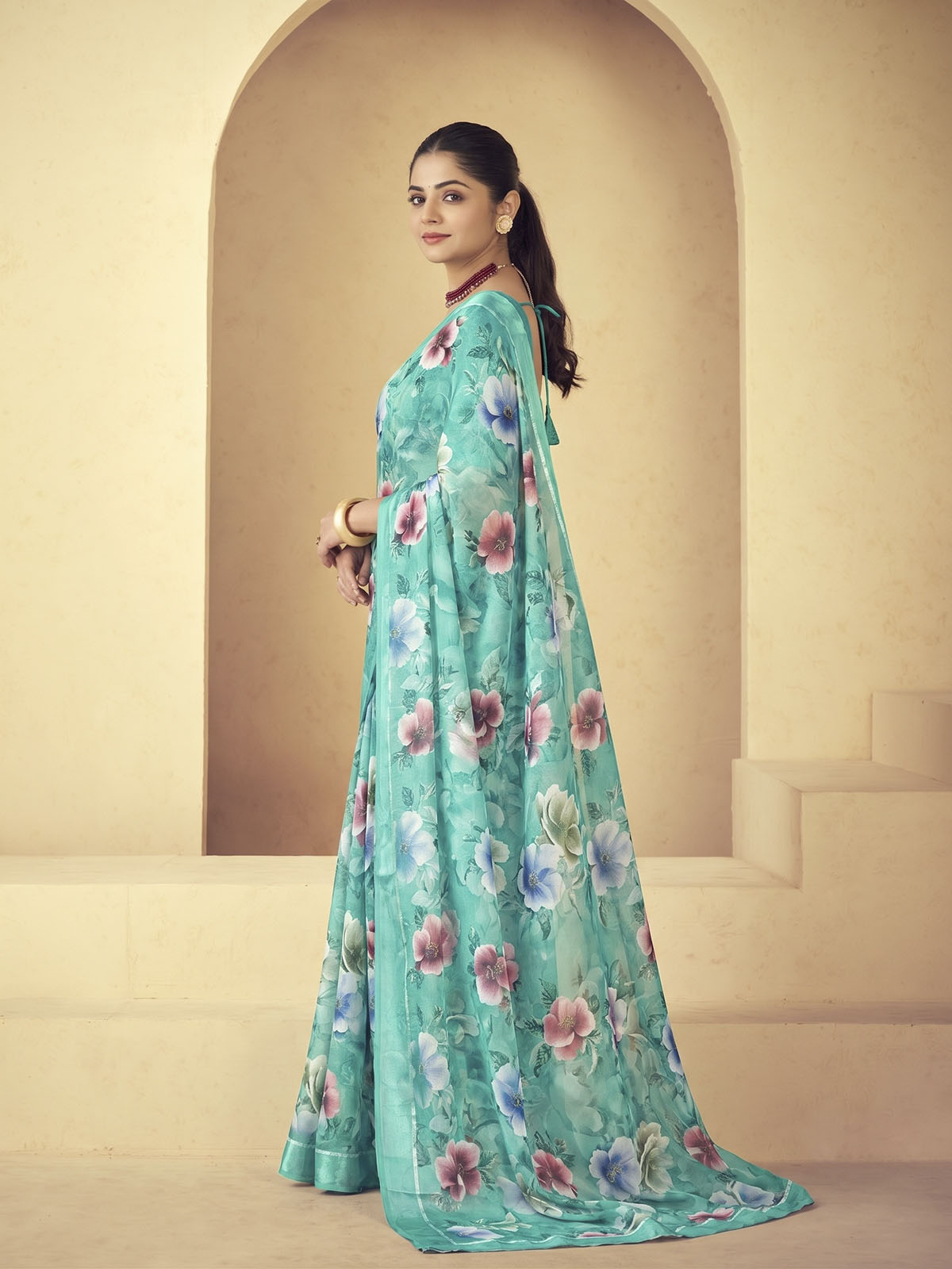 Samriddhi - Turquoise Moss Georgette Digital Print Saree with Satin Patta Border