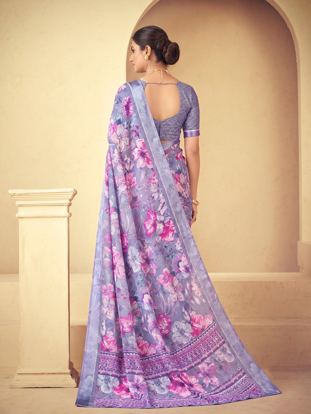 Samriddhi - Mauve Moss Georgette Digital Print Saree with Satin Patta Border