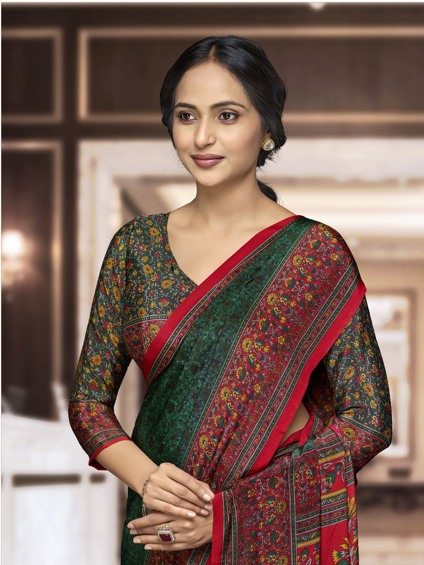 Chitrika - Forest Green Printed Crepe Silk Saree