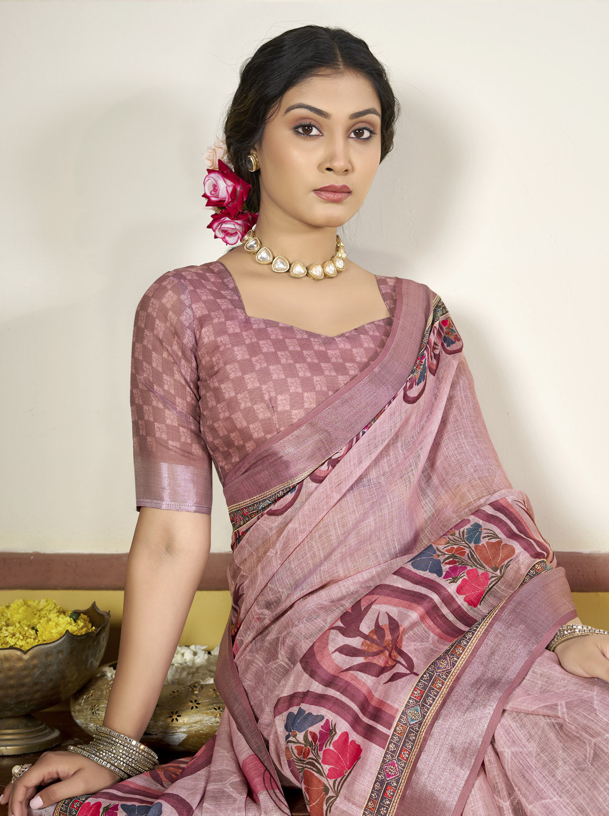 Rachna - Pink Linen Digital Print Saree with Woven Border