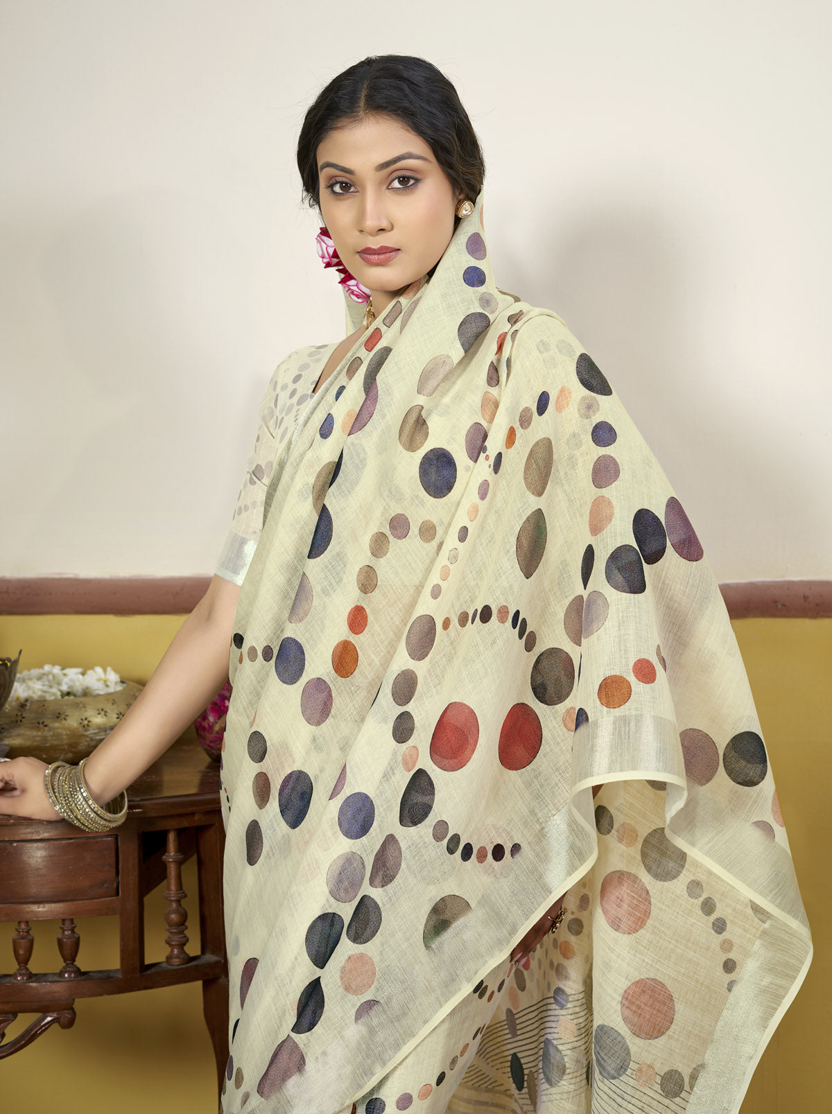Rachna - Light Yellow Linen Digital Print Saree with Woven Border