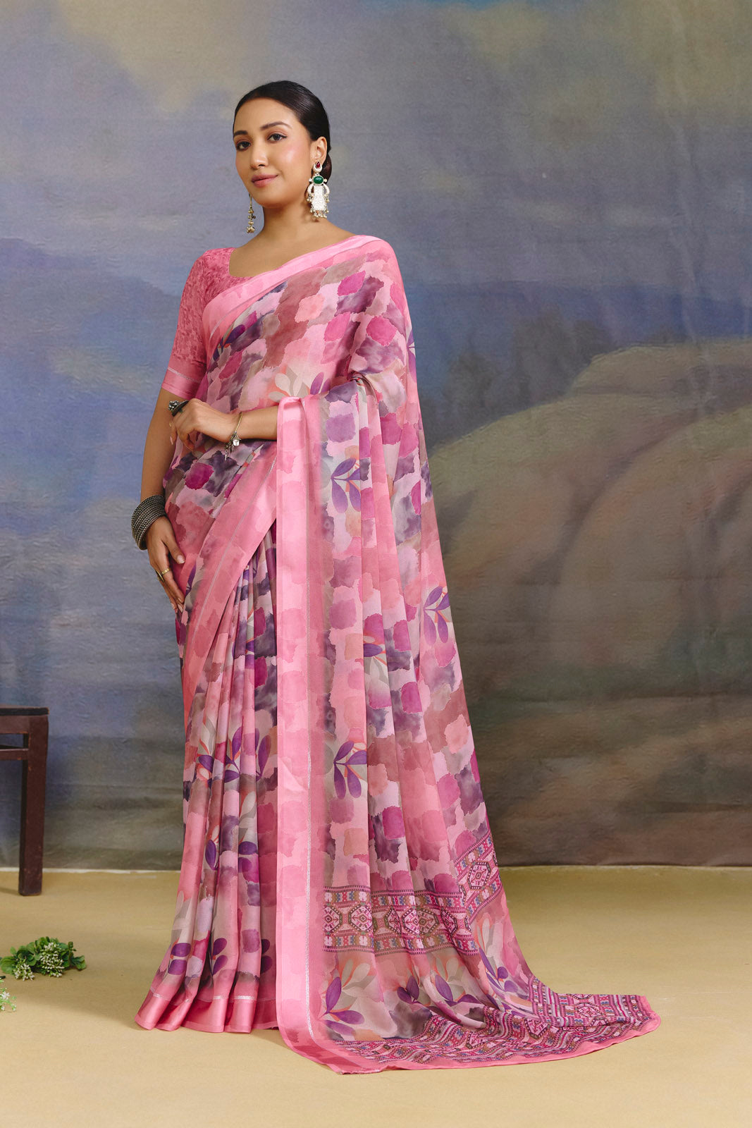 Samriddhi - Mauve Moss Georgette Digital Print Saree with Satin Patta Border