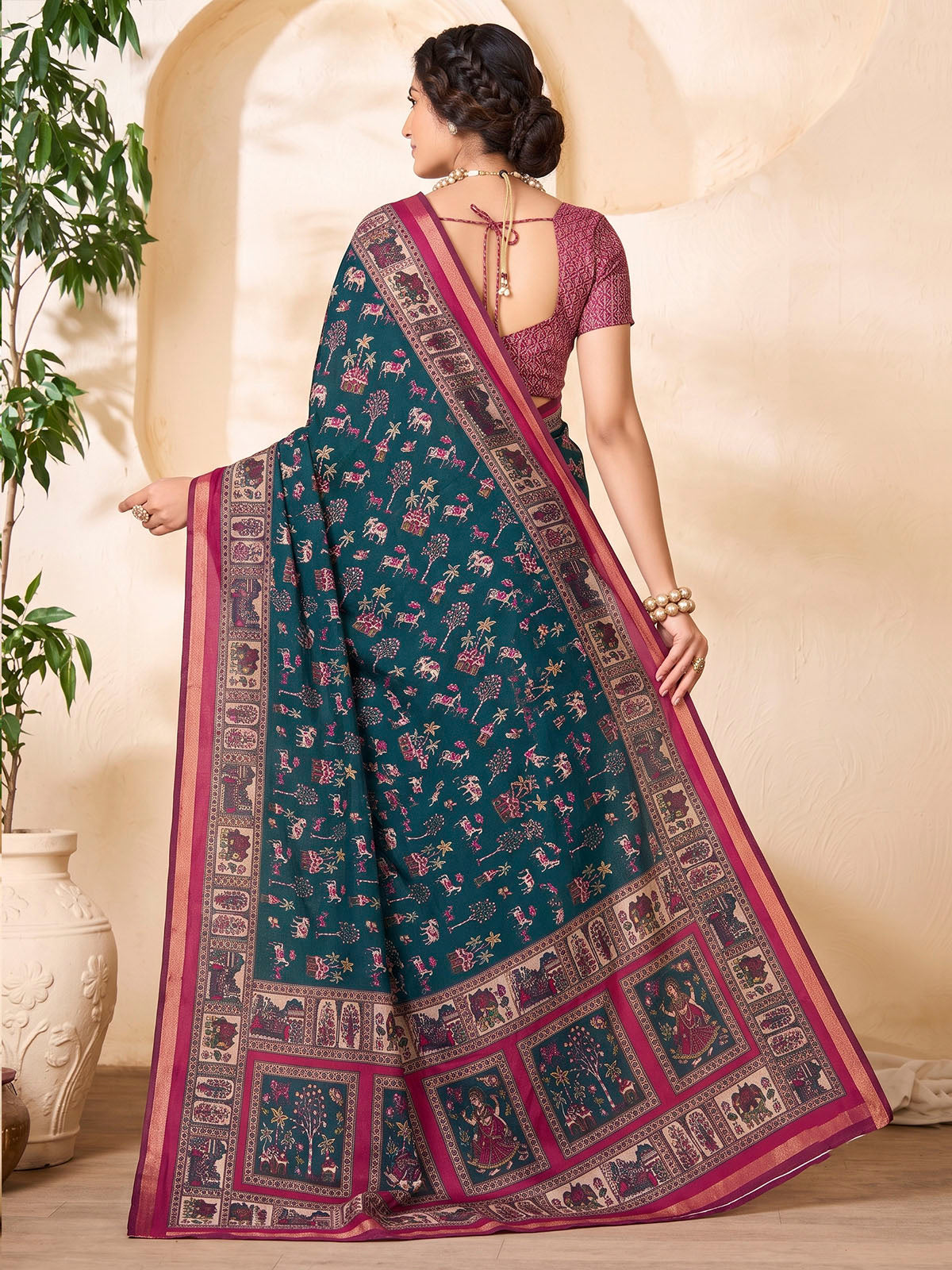 Monalisa - Blue Chanderi Cotton Printed Saree with Classic Folk Art Print