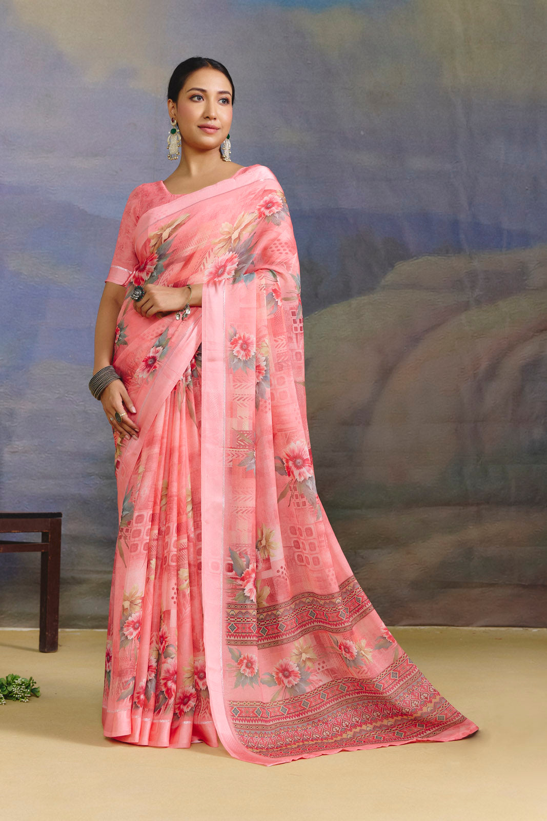Samriddhi - Peach Moss Georgette Digital Print Saree with Satin Patta Border