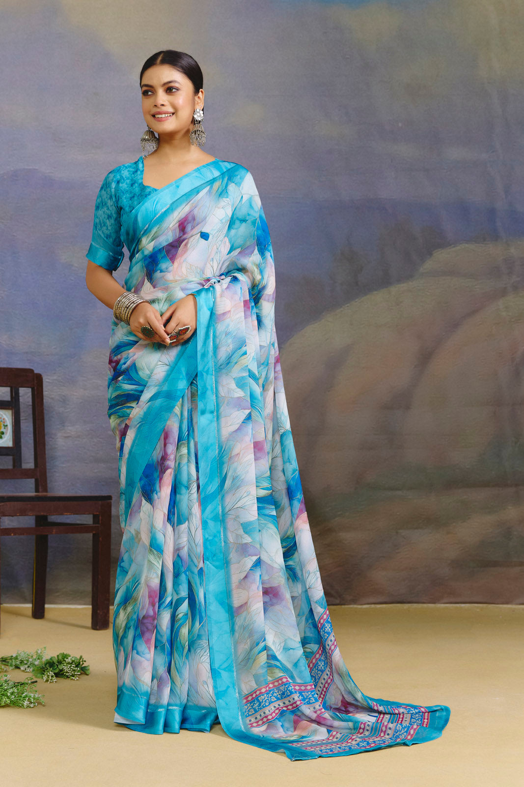 Samriddhi - Sky Blue Moss Georgette Digital Print Saree with Satin Patta Border