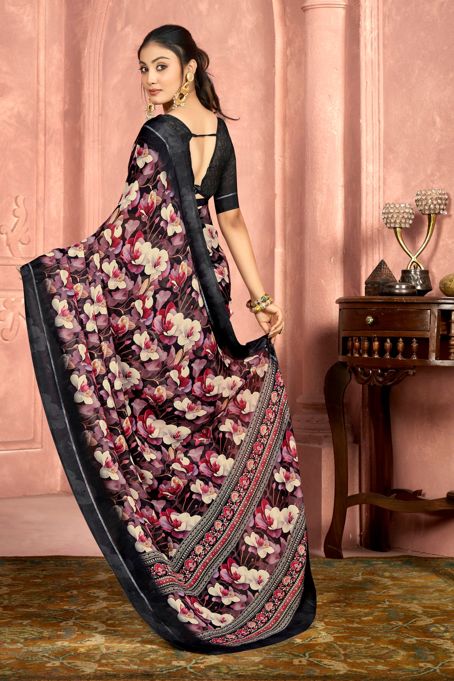 Samriddhi – Black Moss Georgette Digital Print Saree with Satin Patta Border