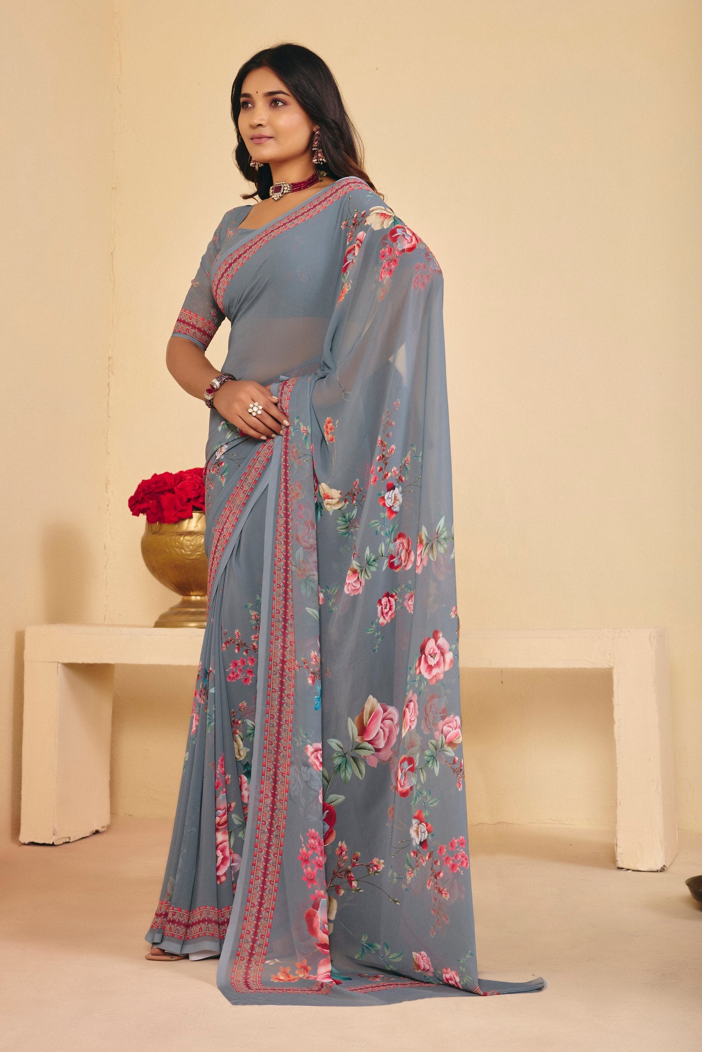 Twisha - Grey Georgette Digital Printed Saree