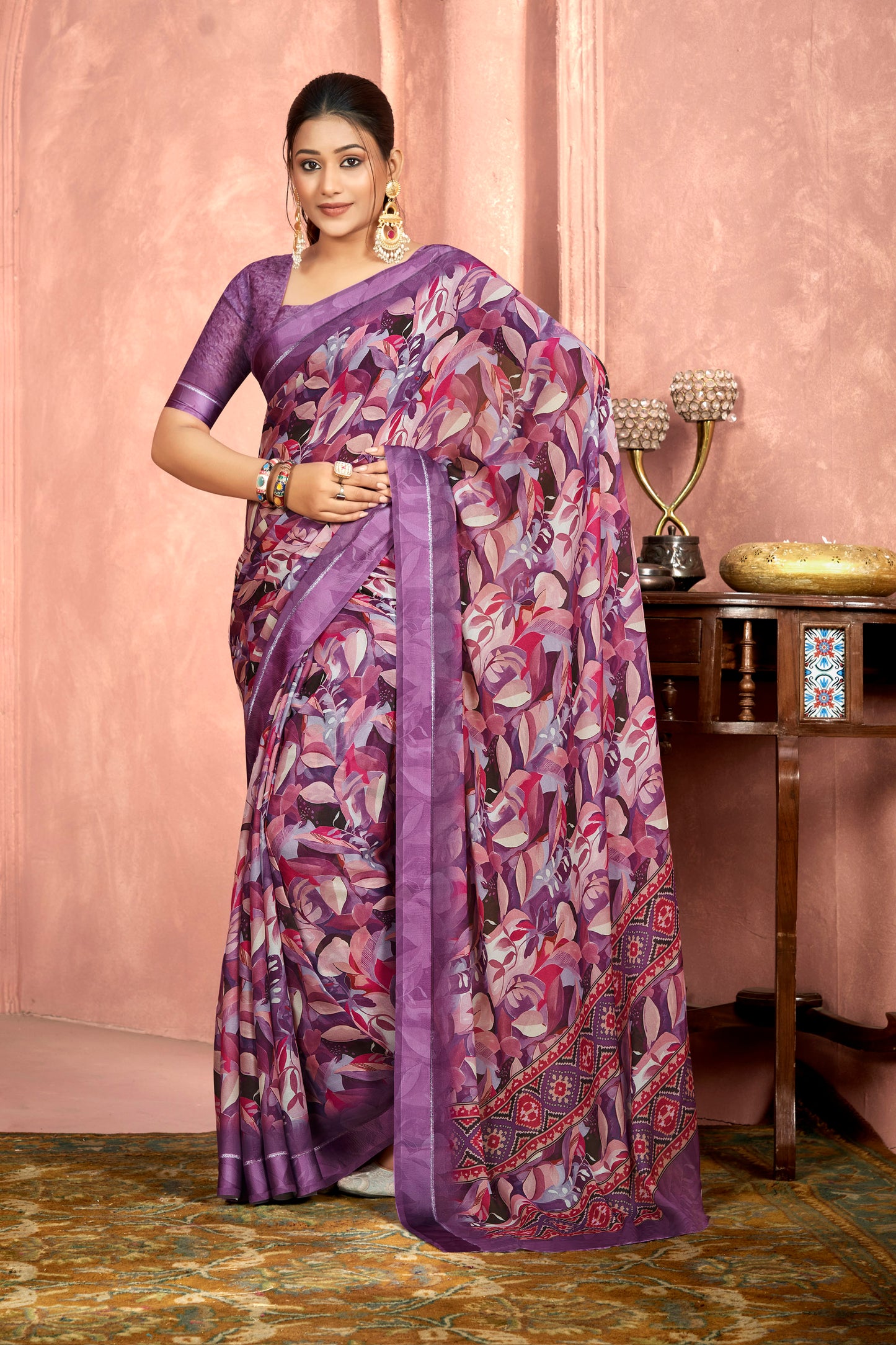 Samriddhi – Purple Moss Georgette Digital Print Saree with Satin Patta Border