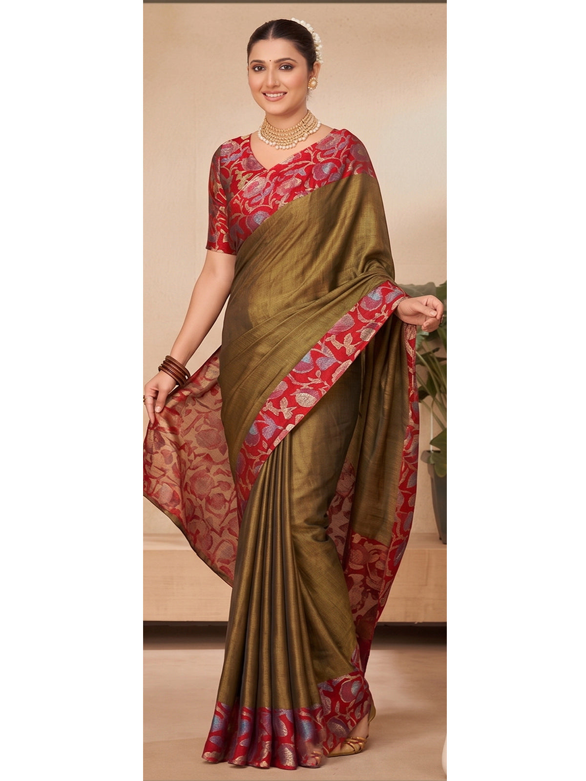 Ekvarna - Olive Green Printed Chiffon Saree
