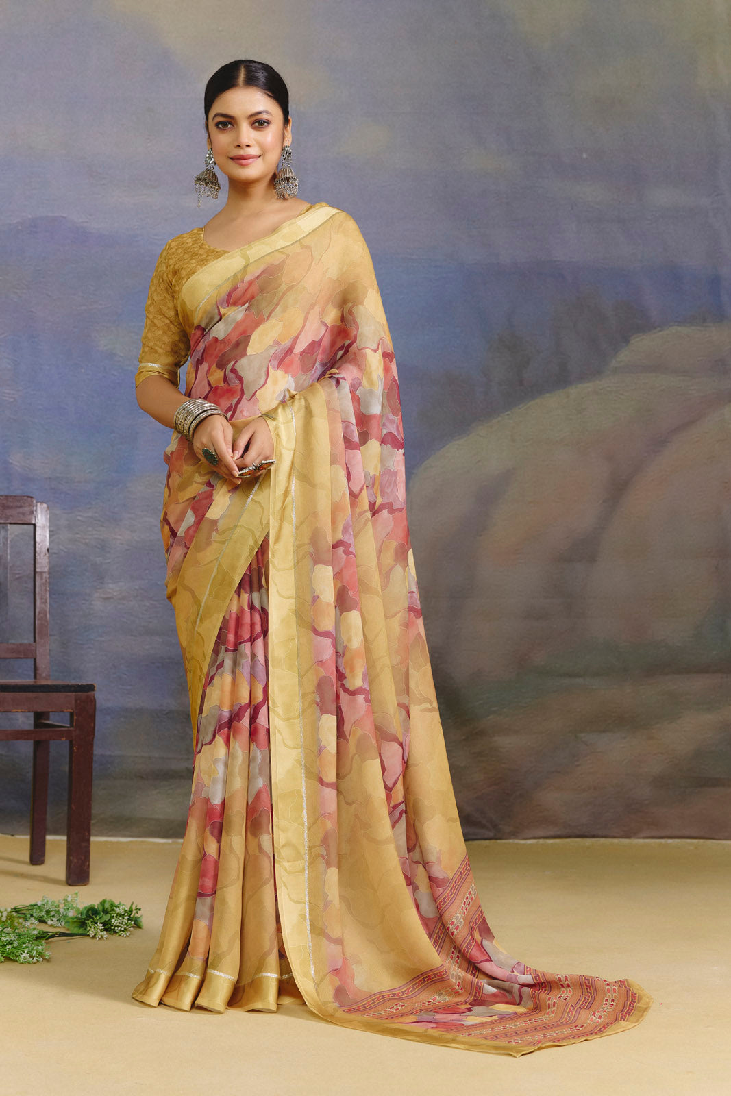 Samriddhi - Yellow Moss Georgette Digital Print Saree with Satin Patta Border