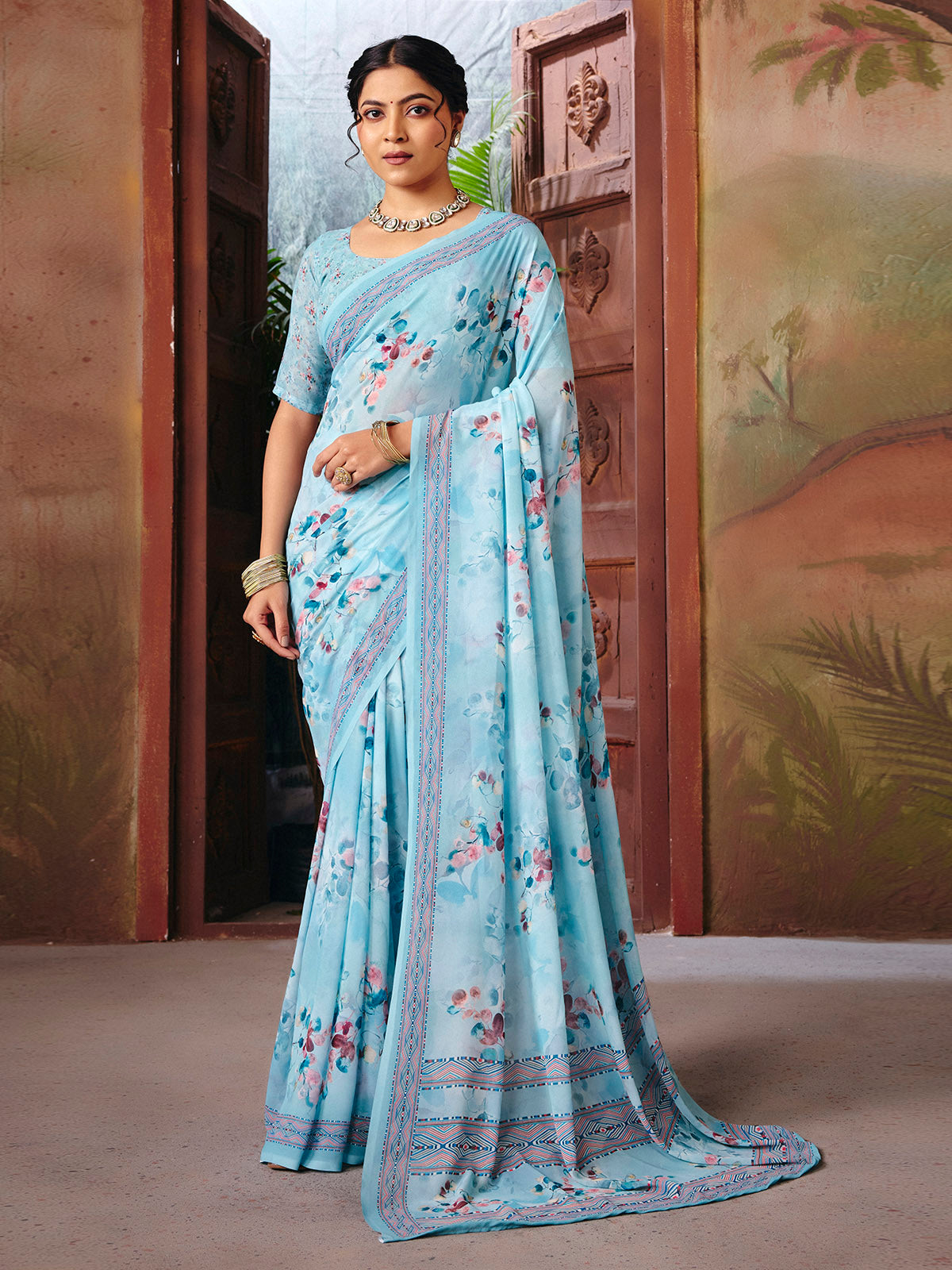 Riddhi - Sky Blue Georgette Floral Digital Printed Saree