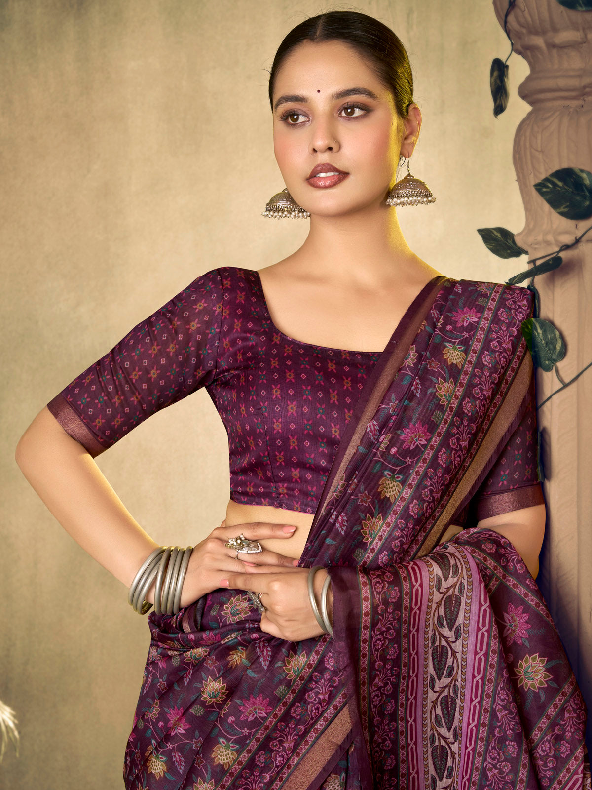 Amrapali - Purple Chanderi Cotton Digital Printed Saree with Zari Border
