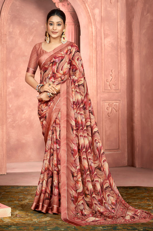 Samriddhi – Peach Moss Georgette Digital Print Saree with Satin Patta Border