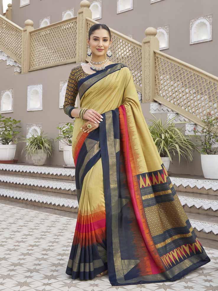 Gulmarg - Yellow Silk Digital Printed Saree with Zari Border