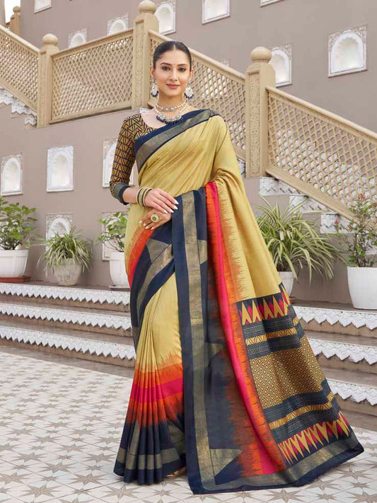 Gulmarg - Yellow Silk Digital Printed Saree with Zari Border