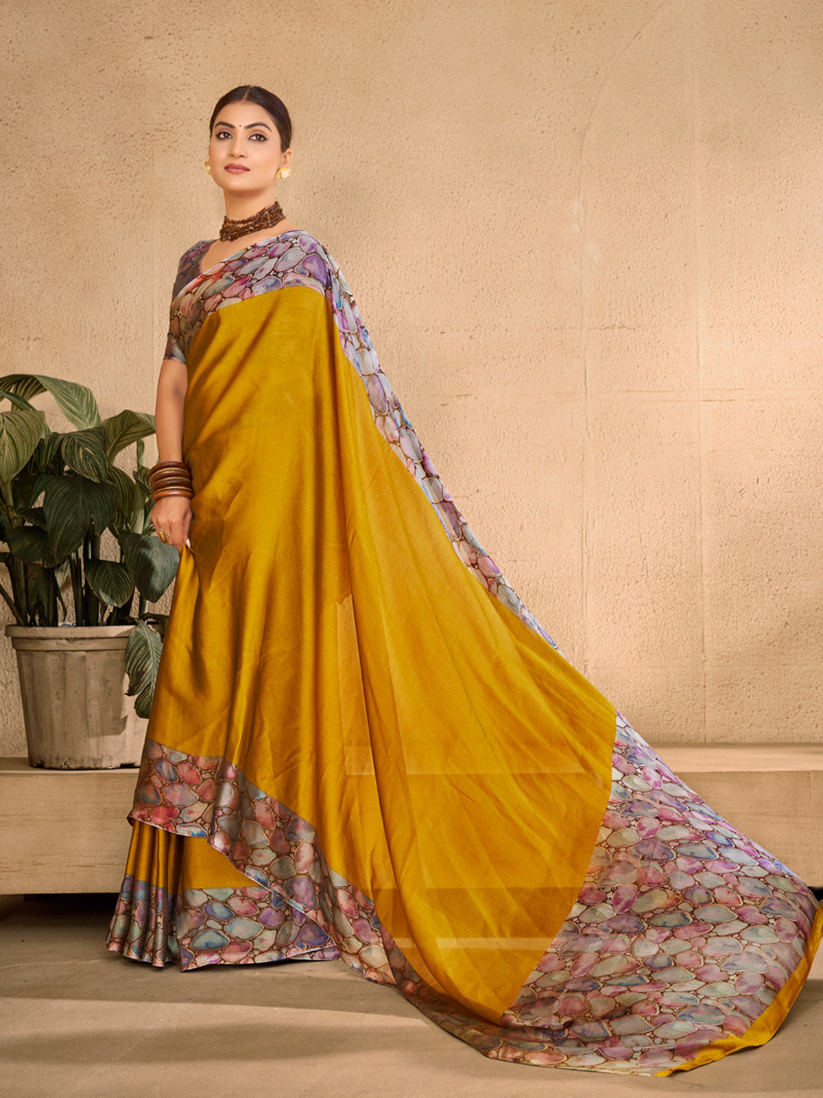 Ekvarna - Yellow Printed Chiffon Saree