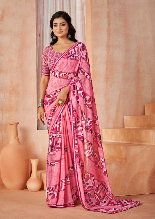 Sumedha - Baby Pink Digital Printed Georgette Saree