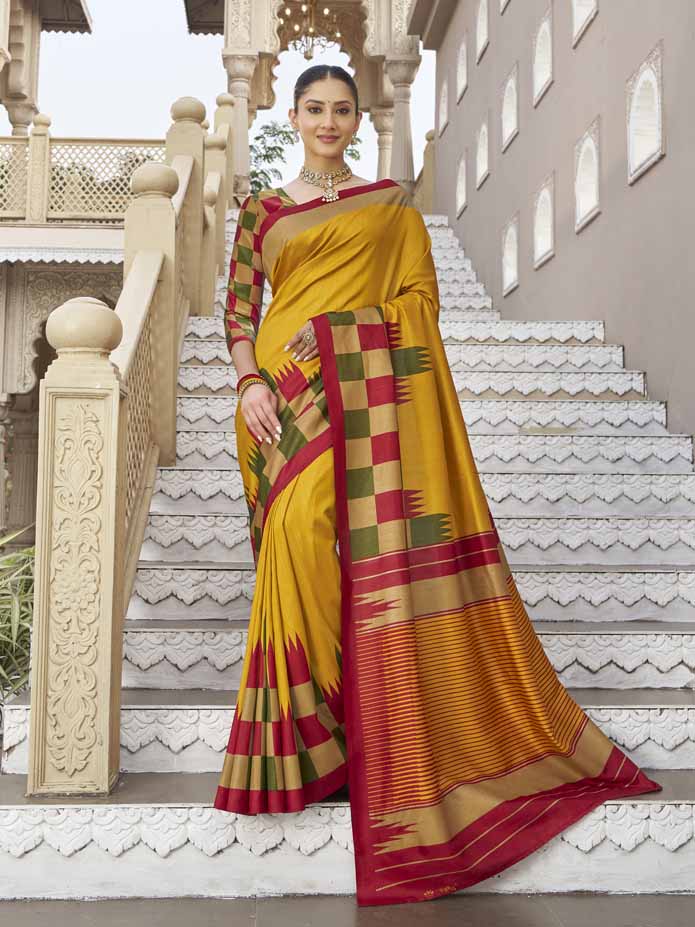 Gulmarg - Mustard Yellow Silk Digital Printed Saree with Zari Border
