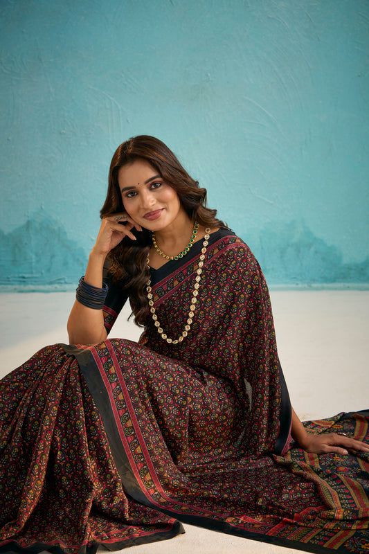 Rajkala - Purple Floral Printed Crepe Silk Saree