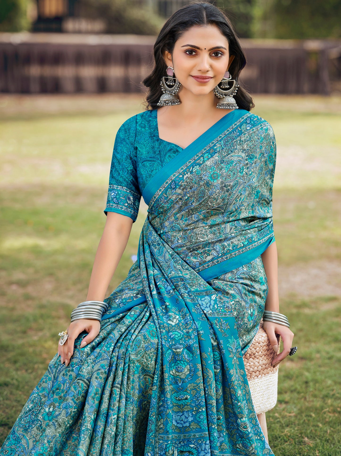 Rajkala - Sea Blue Printed Crepe Silk Saree
