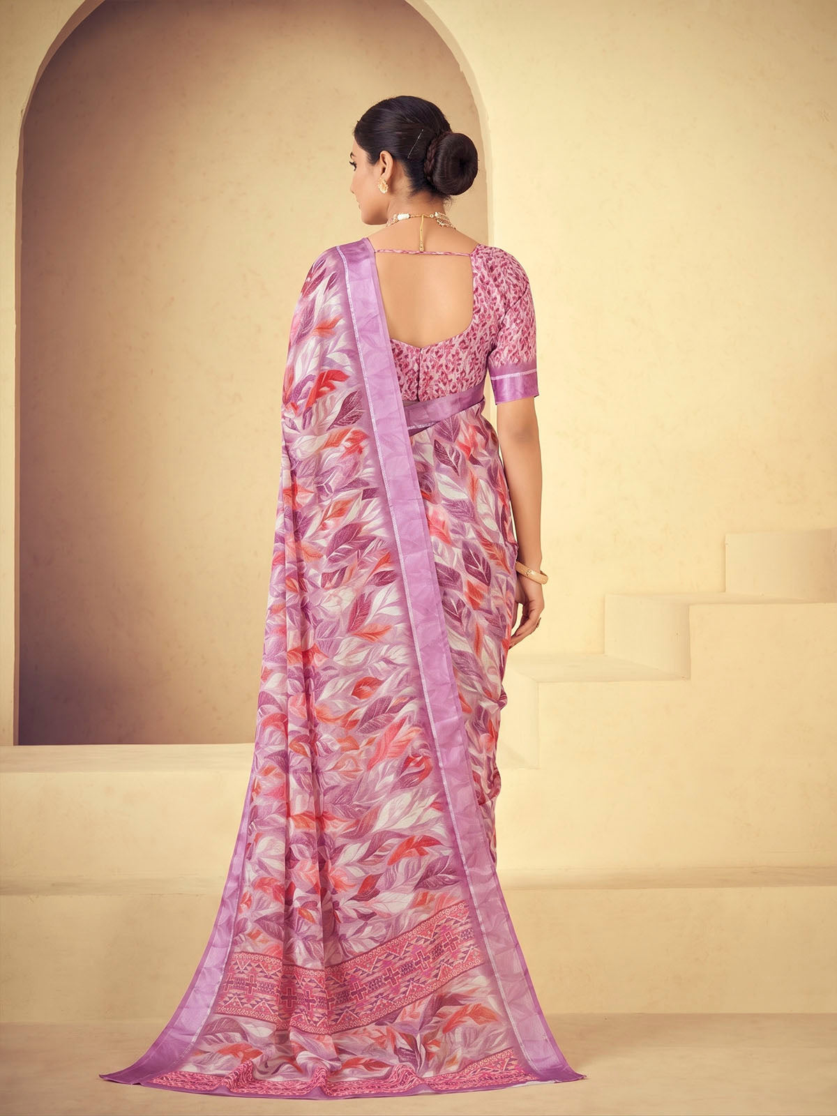 Samriddhi - Purple Moss Georgette Digital Print Saree with Satin Patta Border