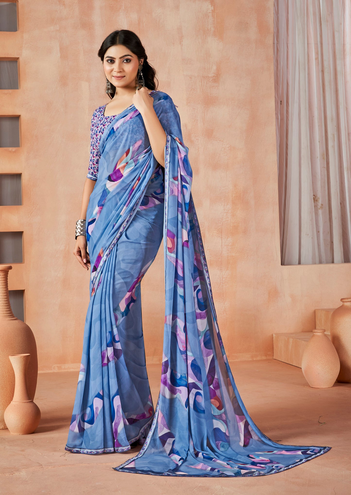 Sumedha - Slate Blue Digital Printed Georgette Saree