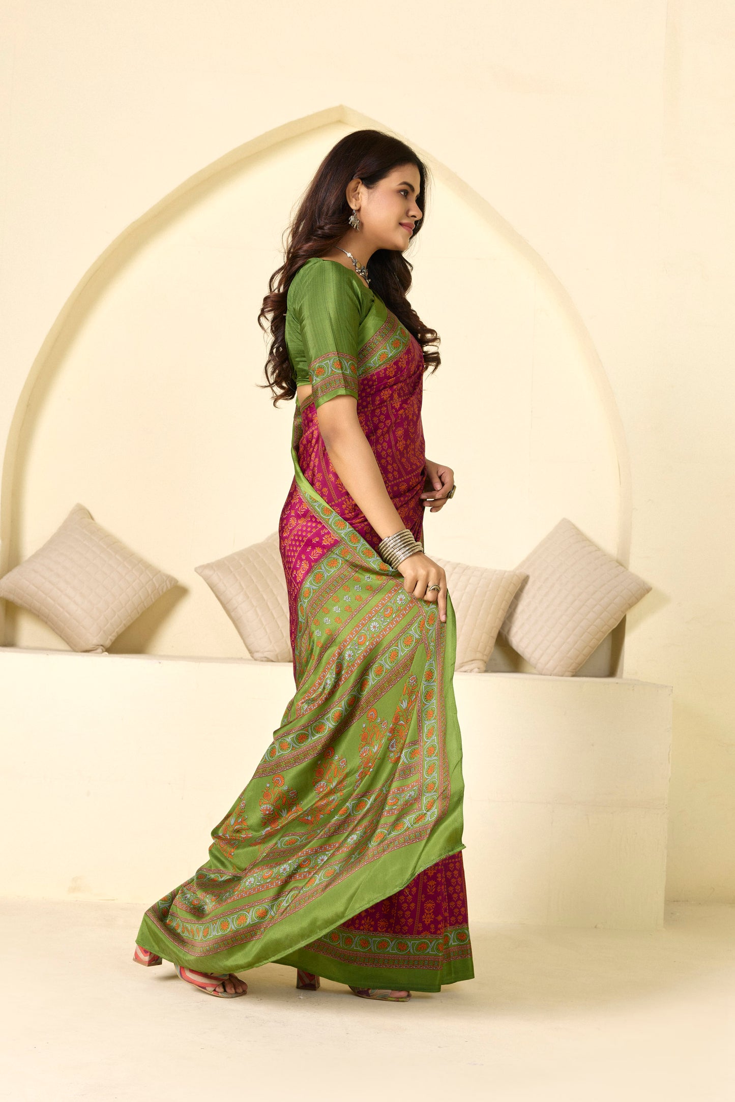 Rajkala - Purple Floral Printed Crepe Silk Saree