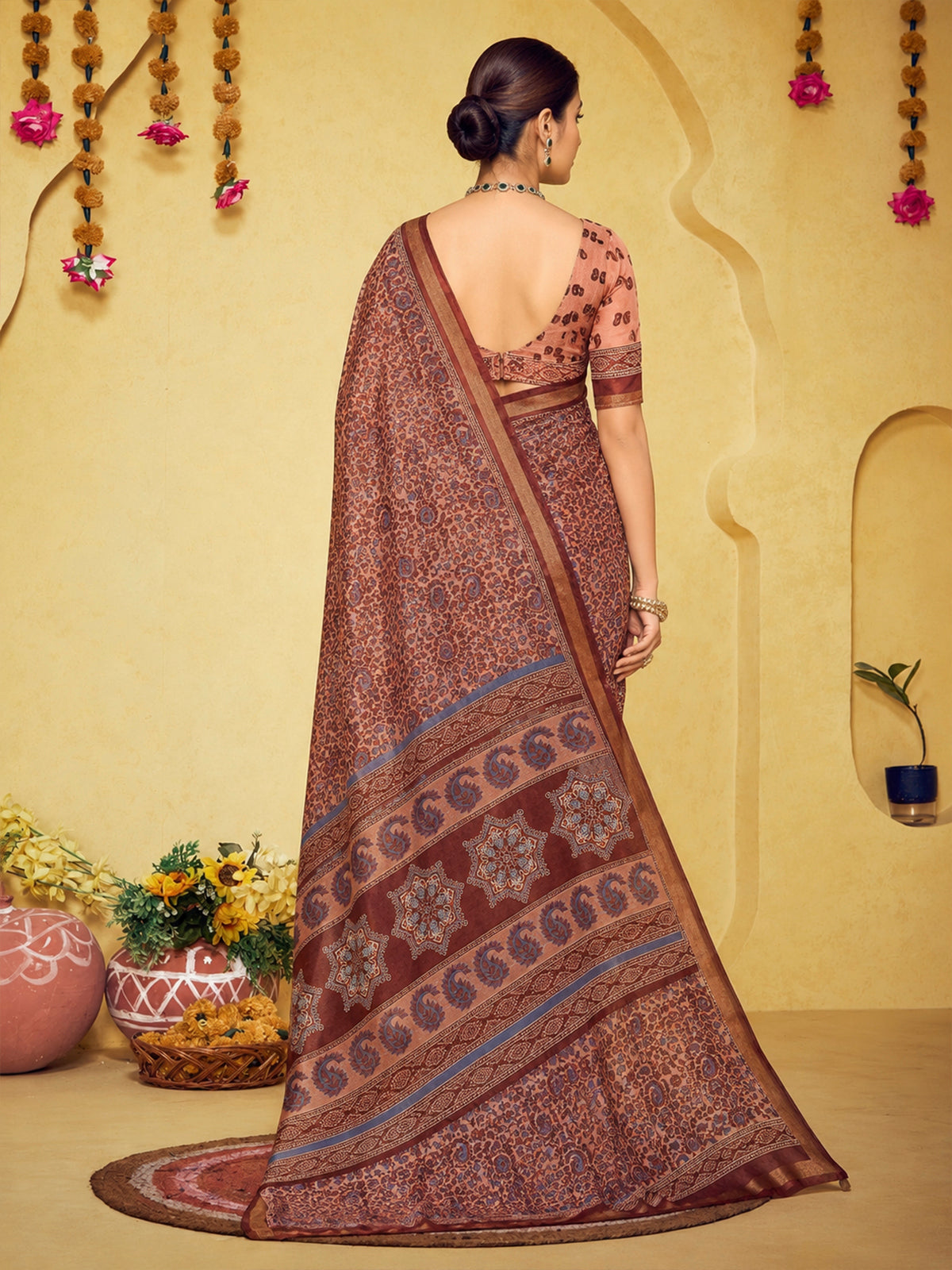 Amrapali - Peach Chanderi Cotton Digital Printed Saree with Zari Border