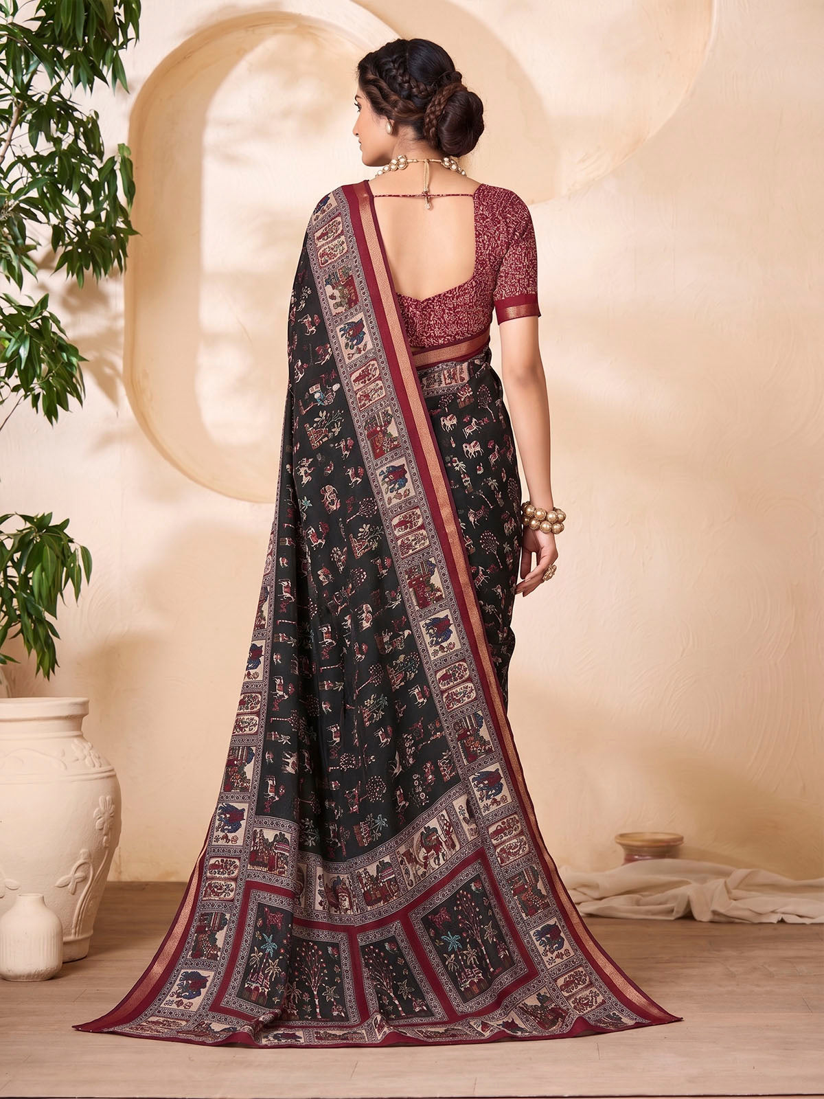 Monalisa - Black Chanderi Cotton Printed Saree with Classic Folk Art Print