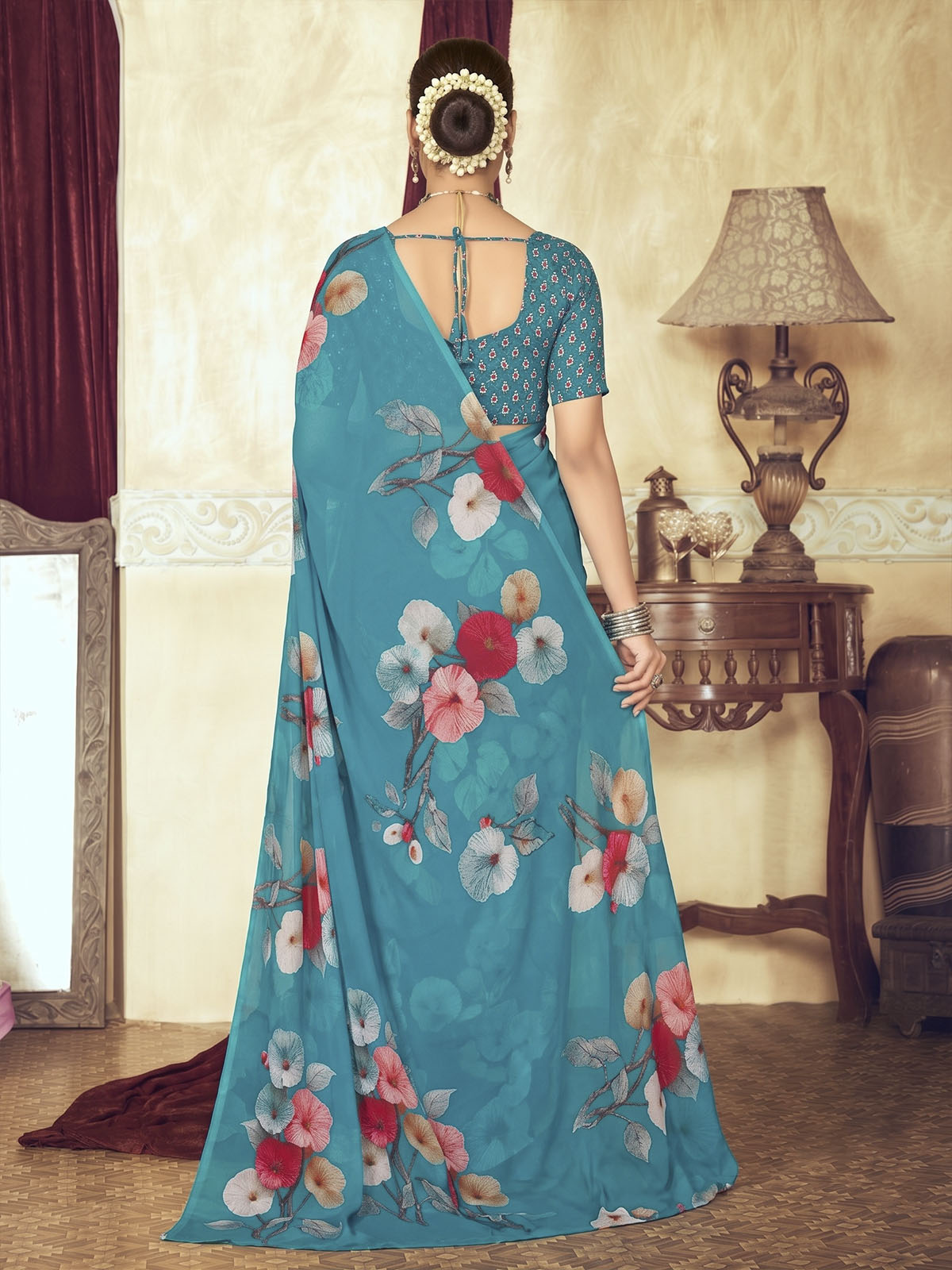 Riddhi - Firozi Georgette Floral Digital Printed Saree