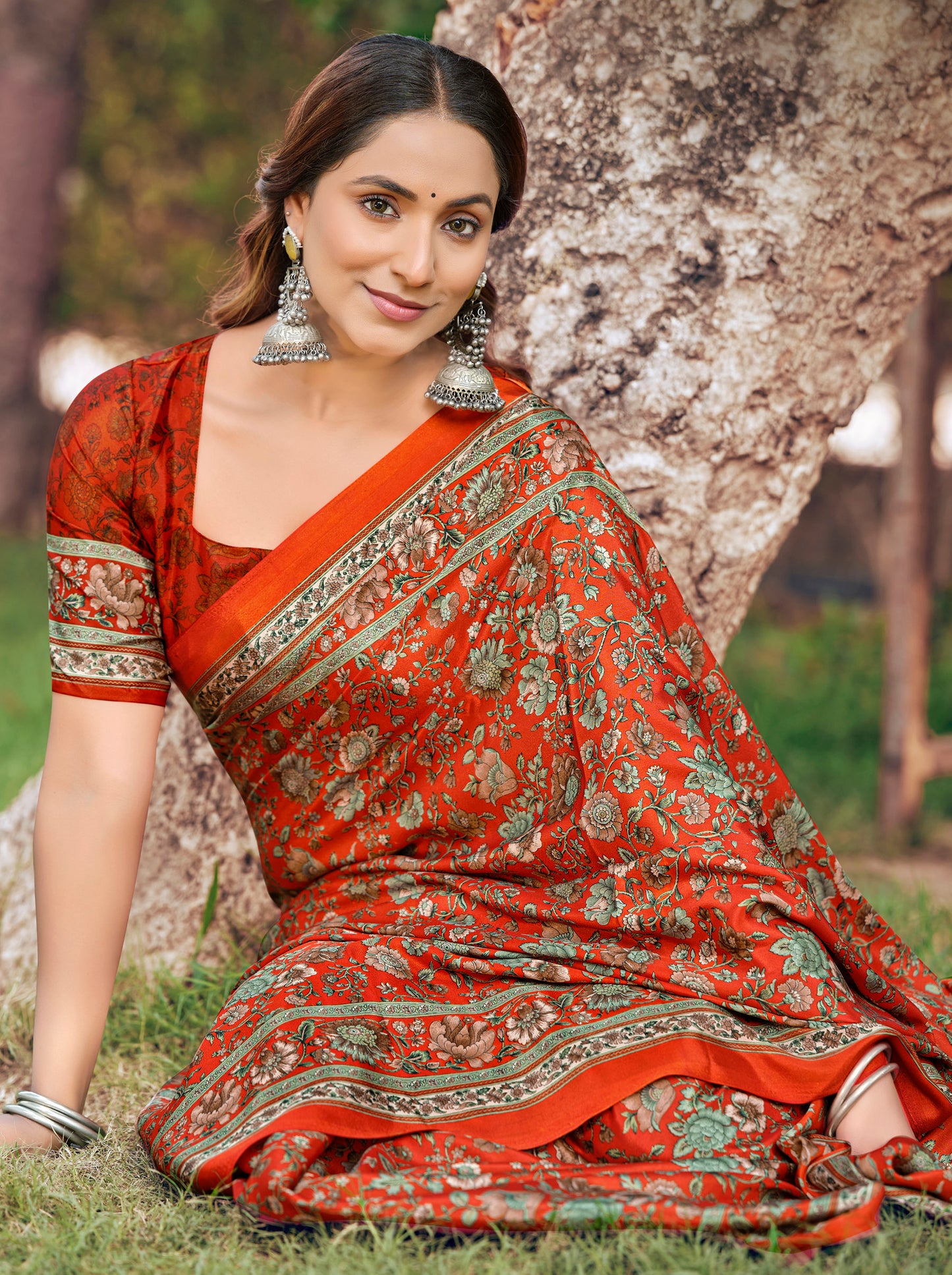 Rajkala - Brick Red Printed Crepe Silk Saree