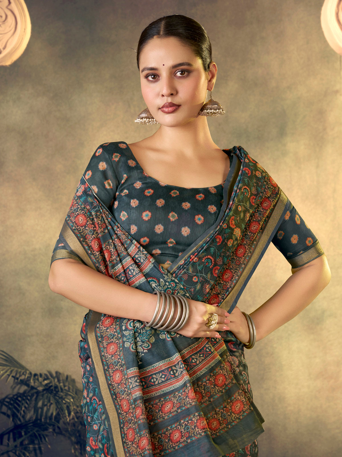 Amrapali - Navy Blue Chanderi Cotton Digital Printed Saree with Zari Border