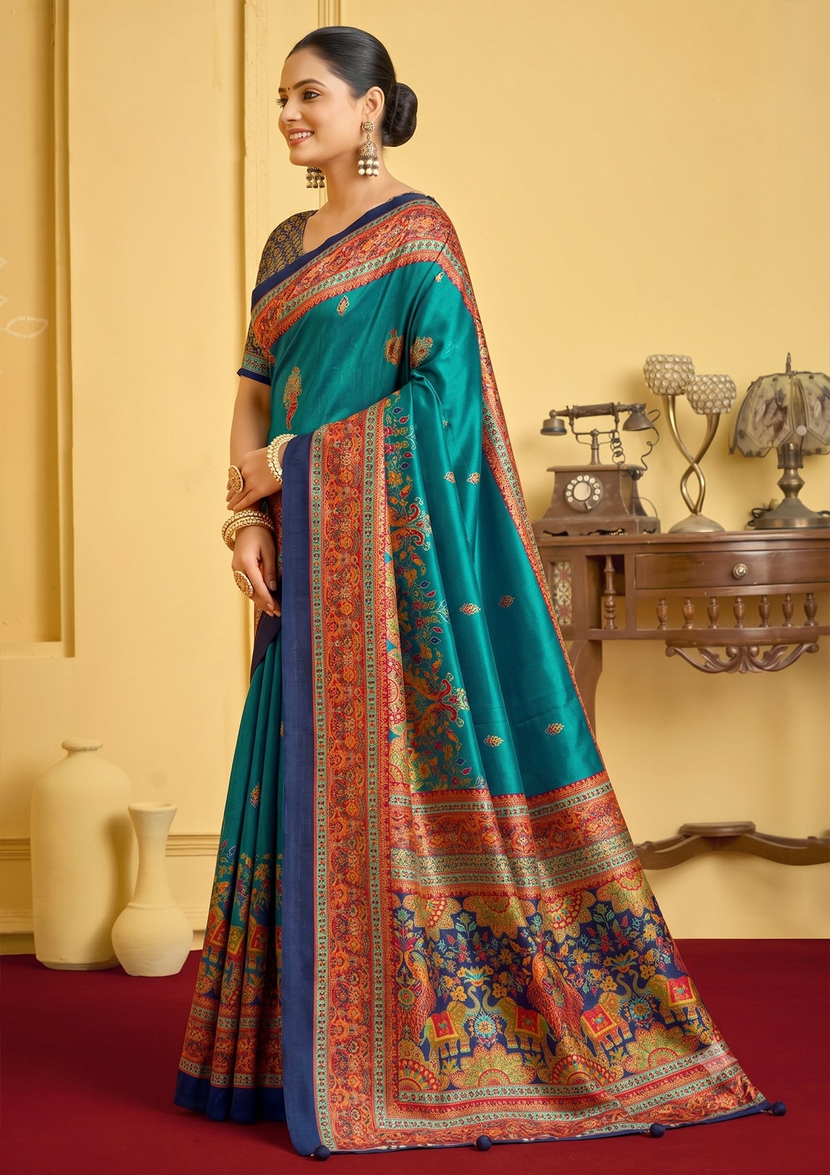 Kumuda - Turquoise Silk Printed Saree with Delicate Foil Work