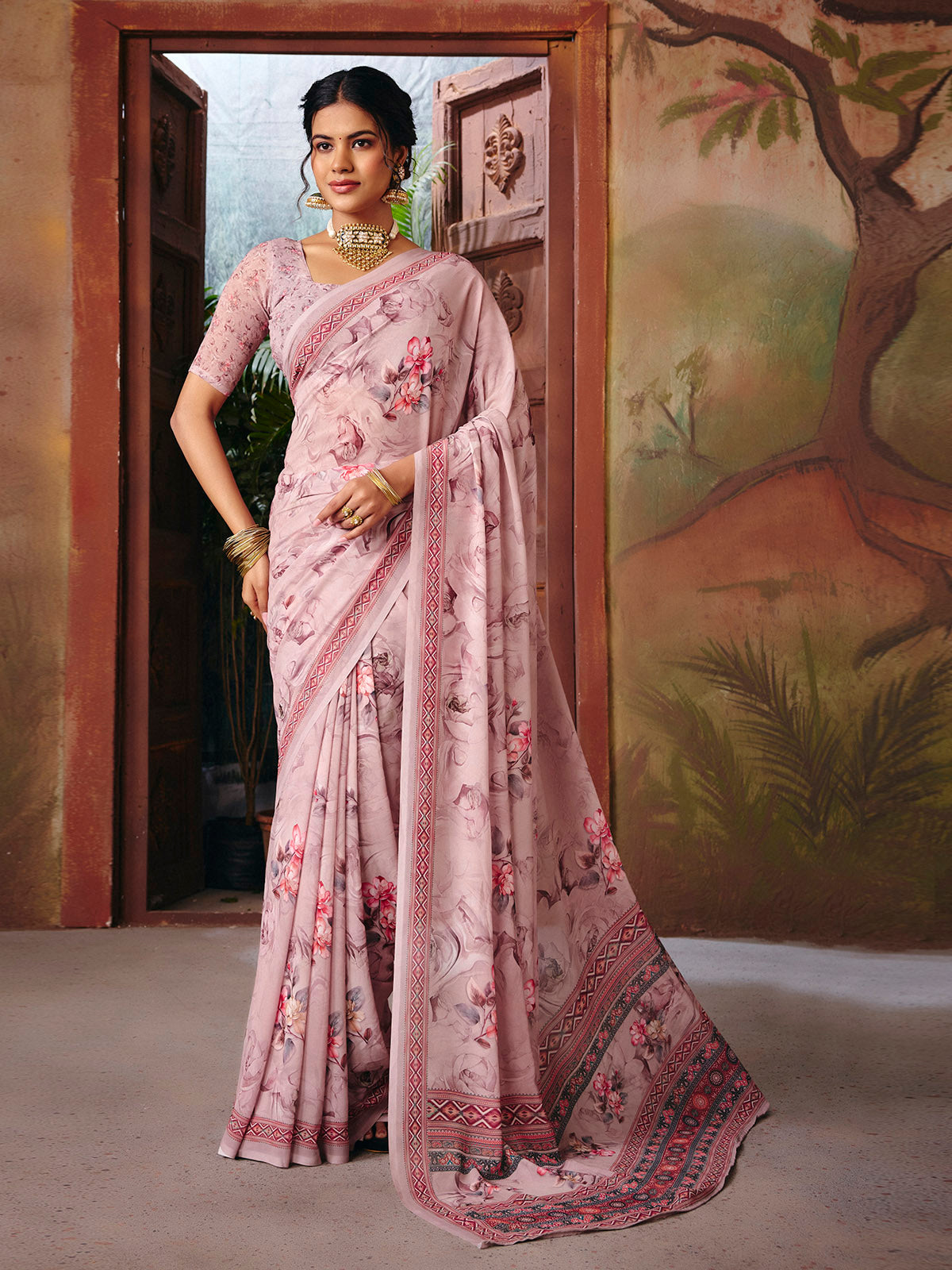 Riddhi - Rose Brown Georgette Floral Digital Printed Saree
