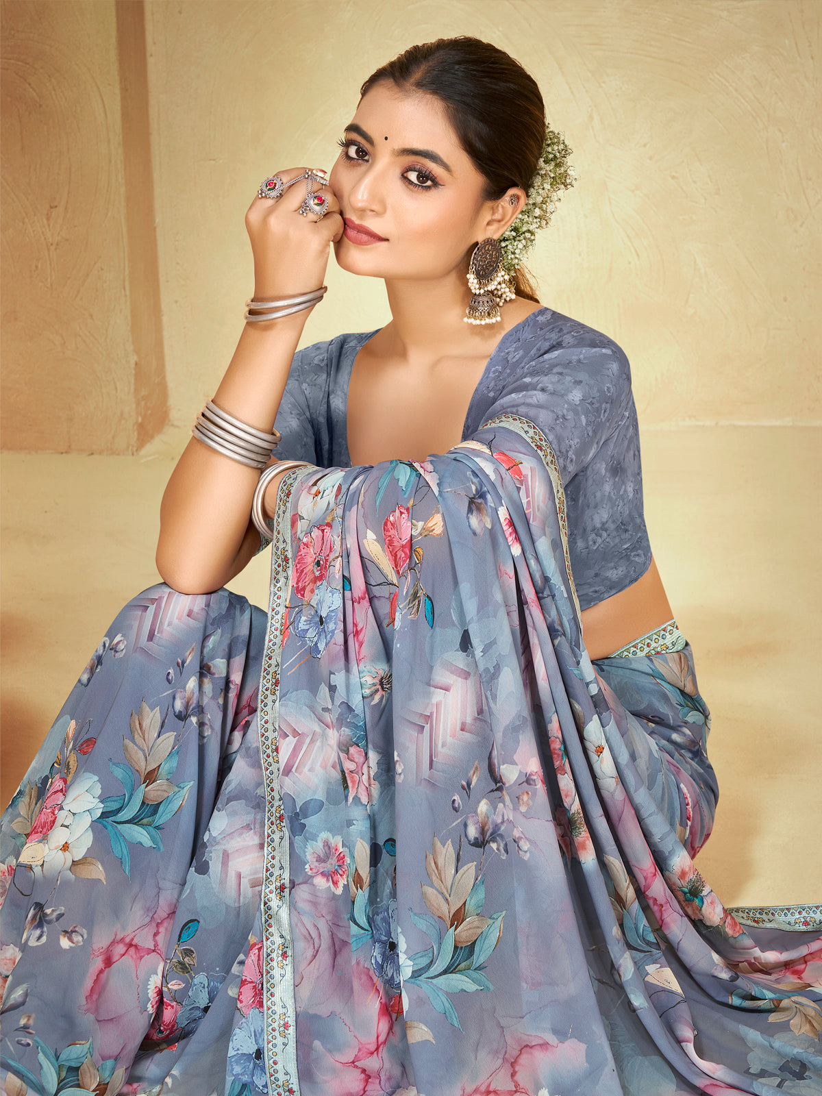Sumedha - Grey Digital Printed Georgette Saree