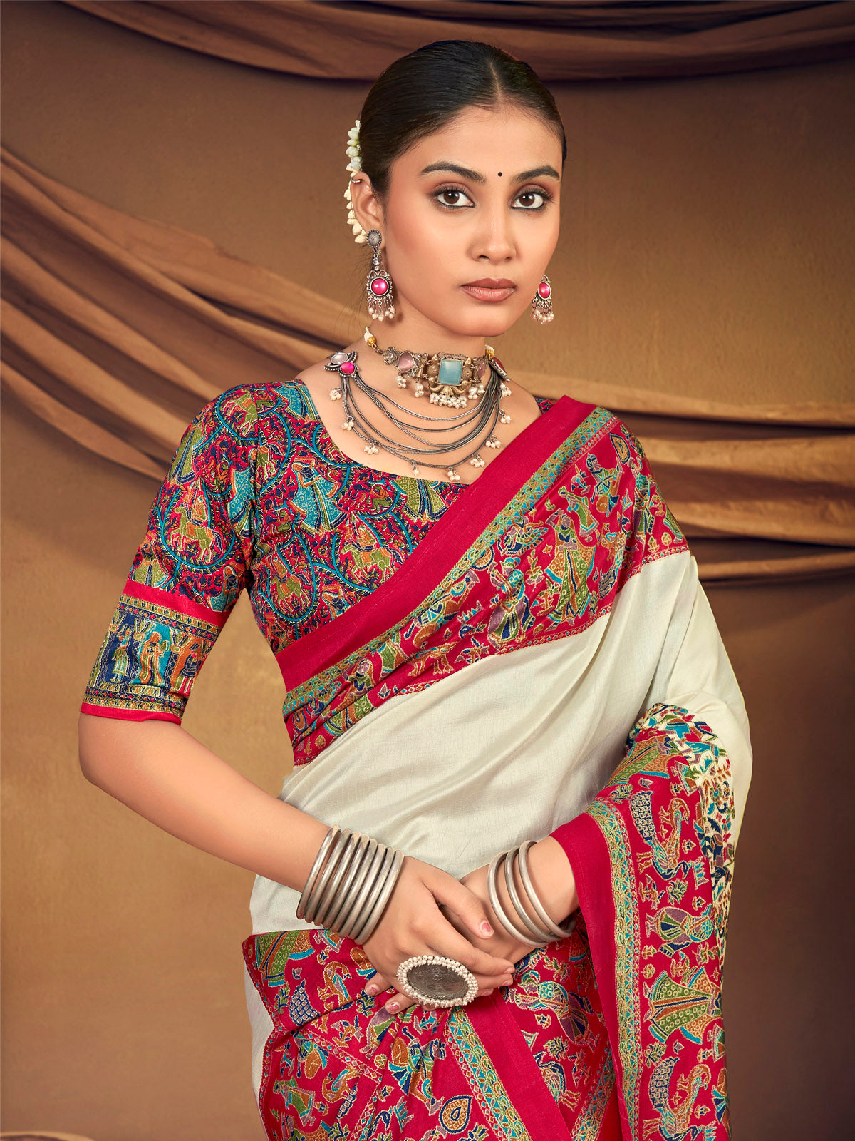Kumuda - Cream Mysore Silk Jari Printed with Tessals