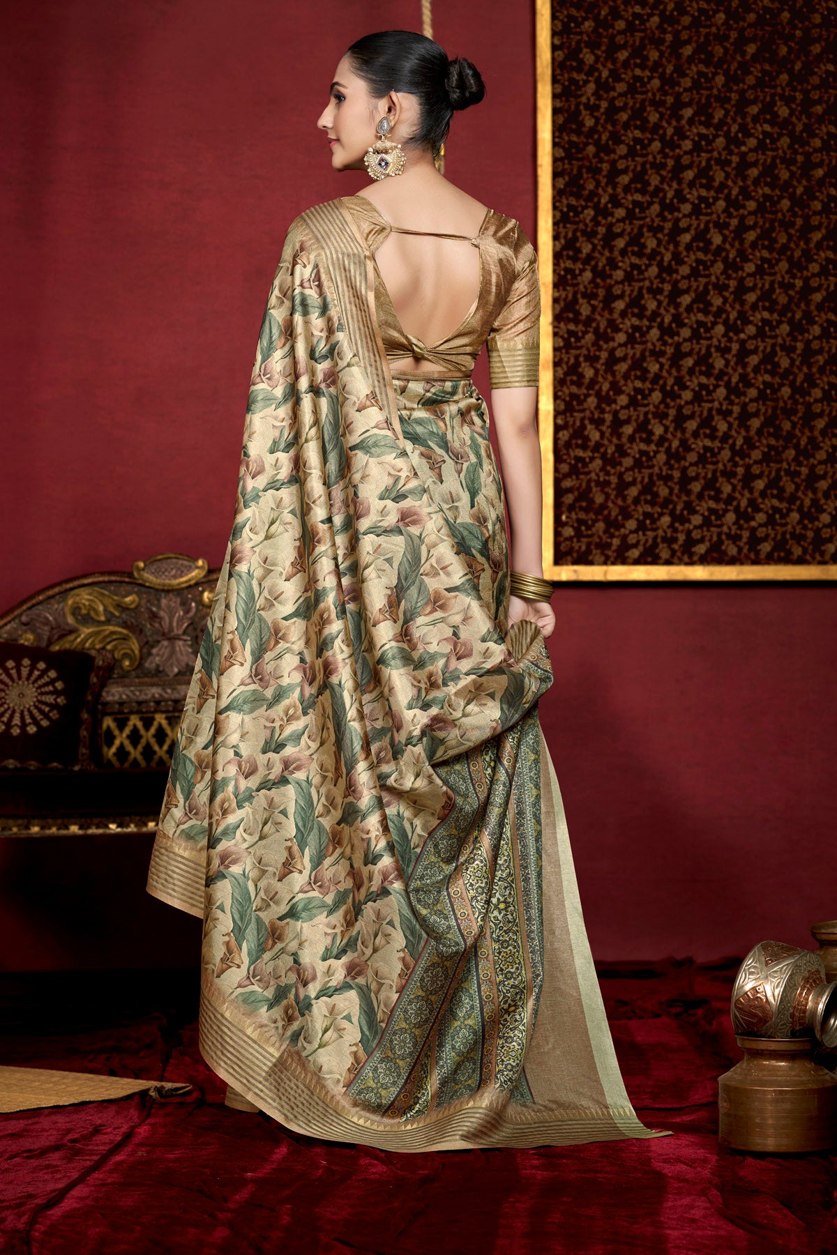 Veera - Mehandi Green Soft Silk Digital Printed Saree with Woven Border