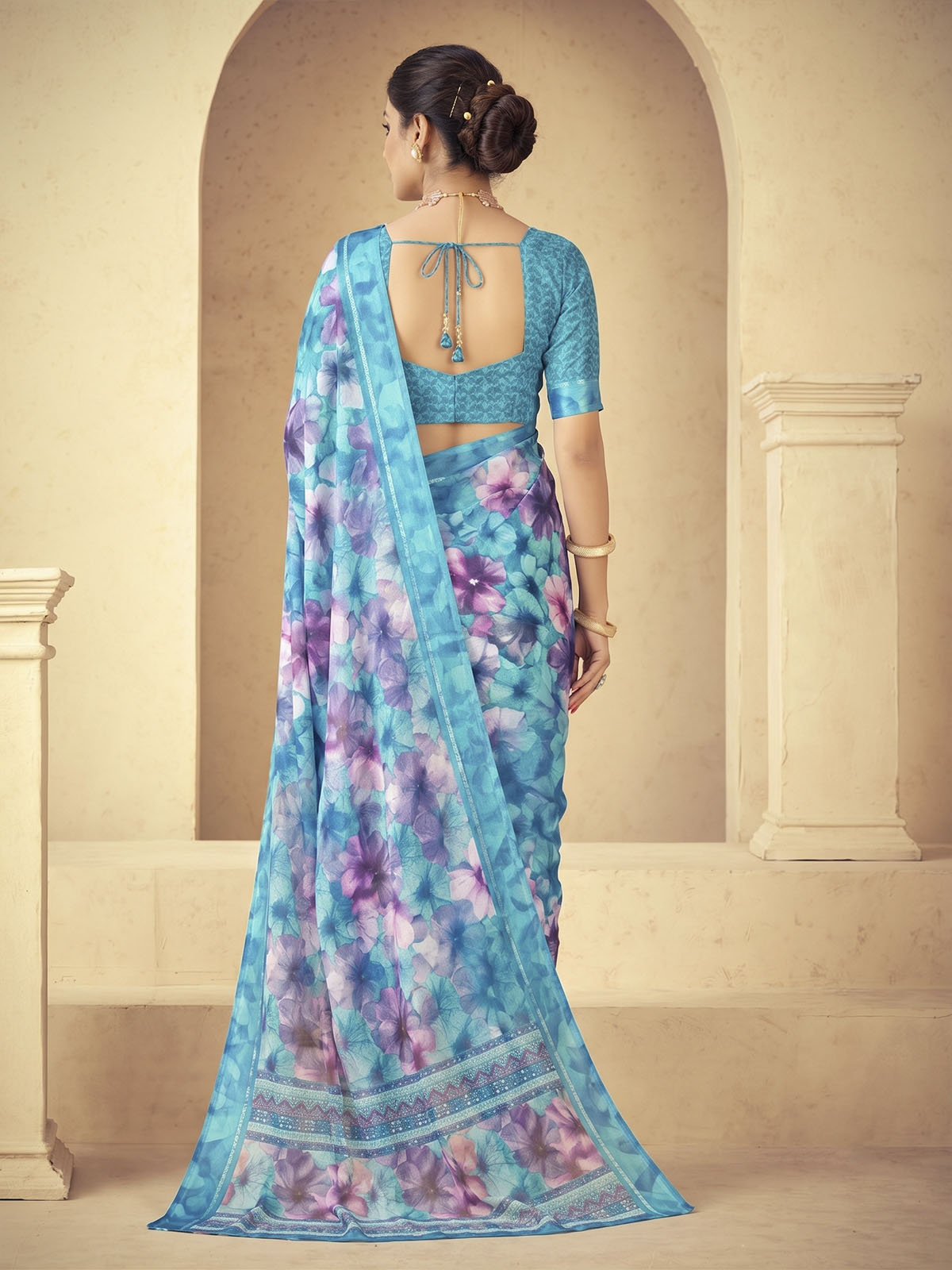 Samriddhi - Aqua Blue Moss Georgette Digital Print Saree with Satin Patta Border