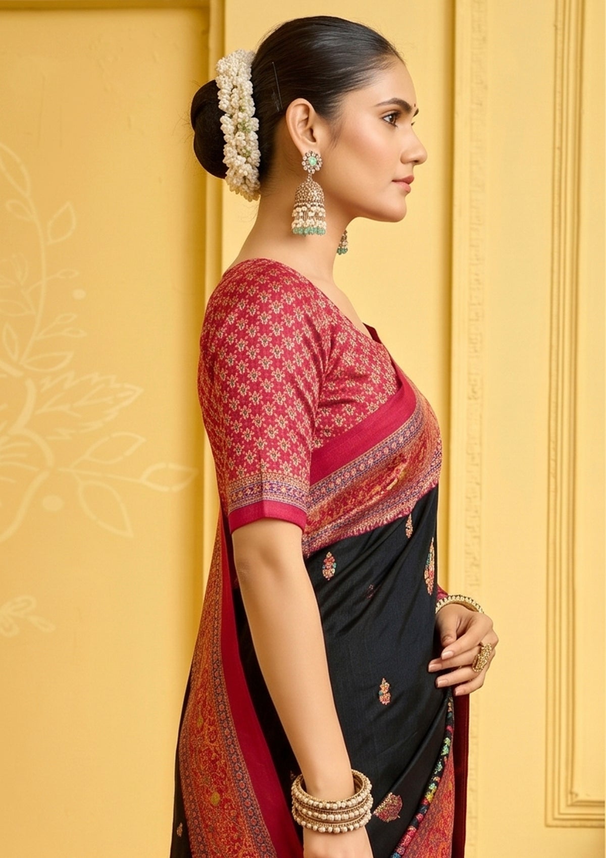 Kumuda - Black Silk Printed Saree with Delicate Foil Work