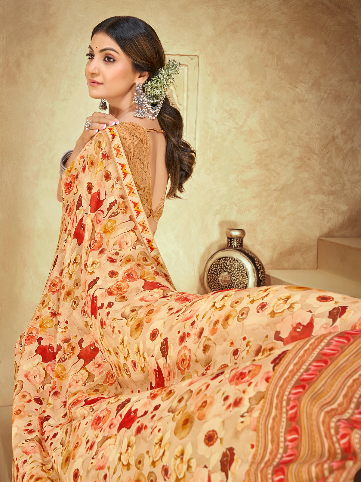 Sumedha - Beige Digital Printed Georgette Saree