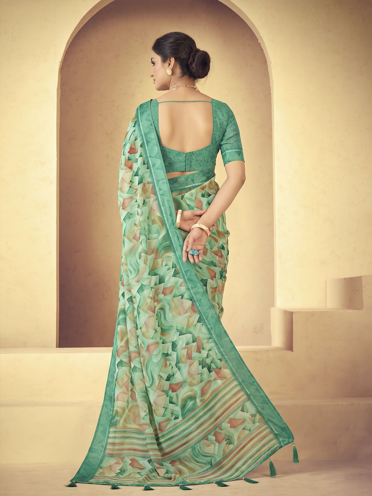 Samriddhi - Sea Green Moss Georgette Digital Print Saree with Satin Patta Border