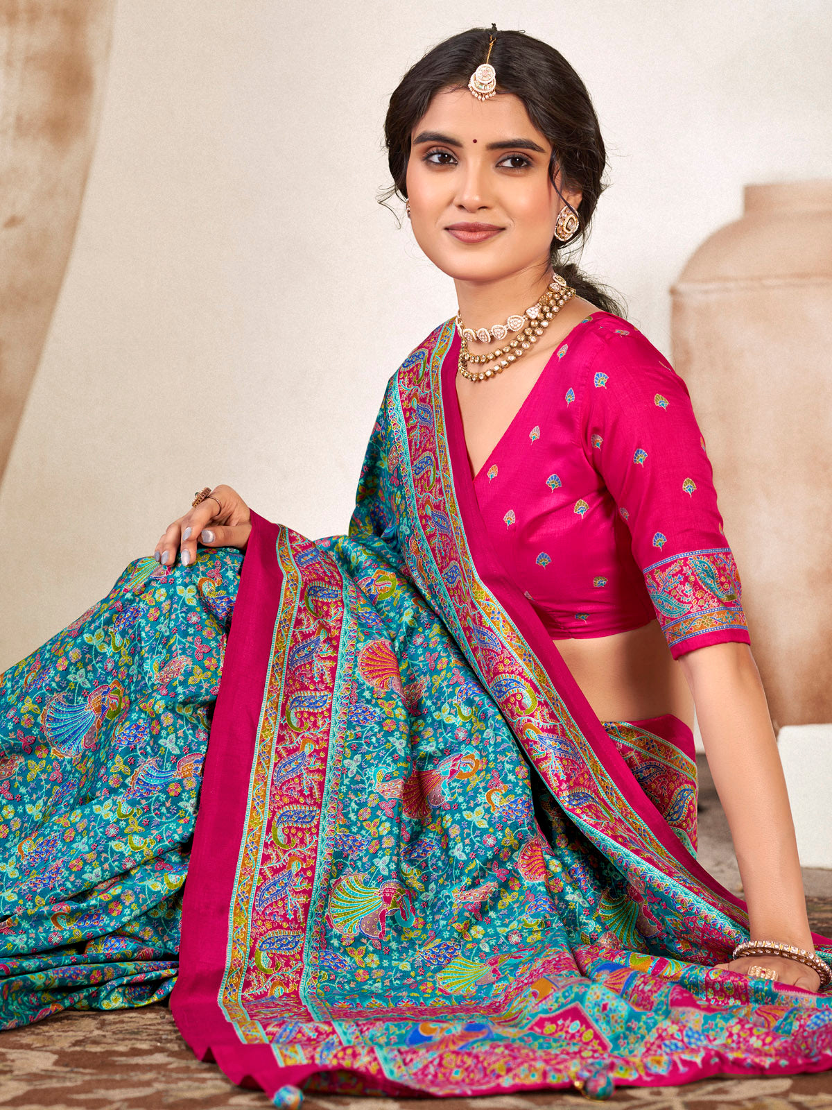 Kumuda - Teal Mysore Silk Jari Printed with Tessals