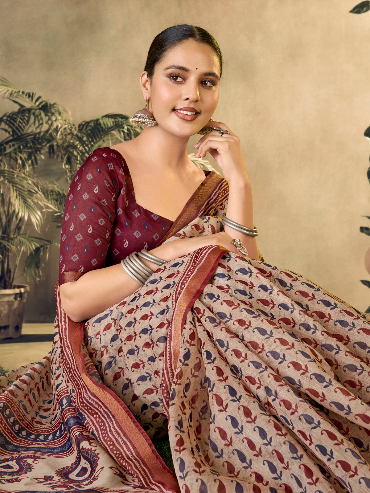Amrapali - Beige Chanderi Cotton Digital Printed Saree with Zari Border