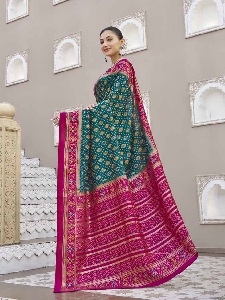 Gulmarg - Teal Silk Digital Printed Saree with Zari Border
