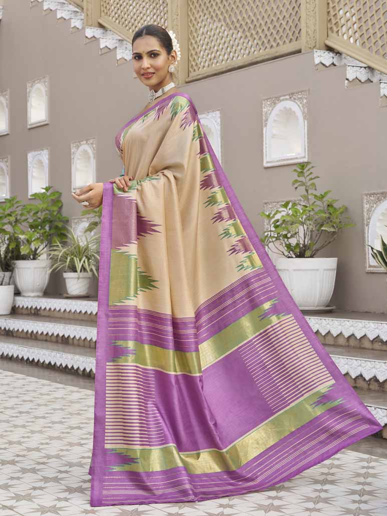 Gulmarg - Beige Silk Digital Printed Saree with Zari Border