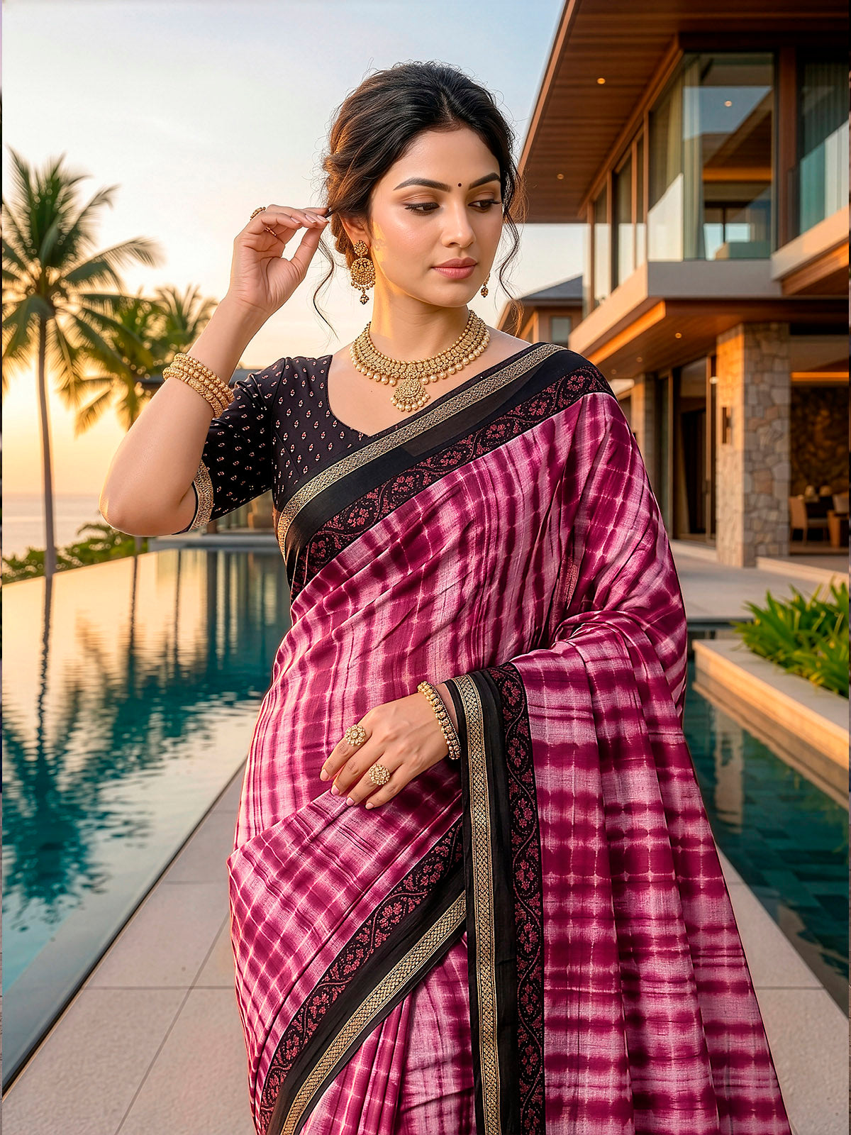 Monalisa - Pink Printed Liva Cotton Silk Saree