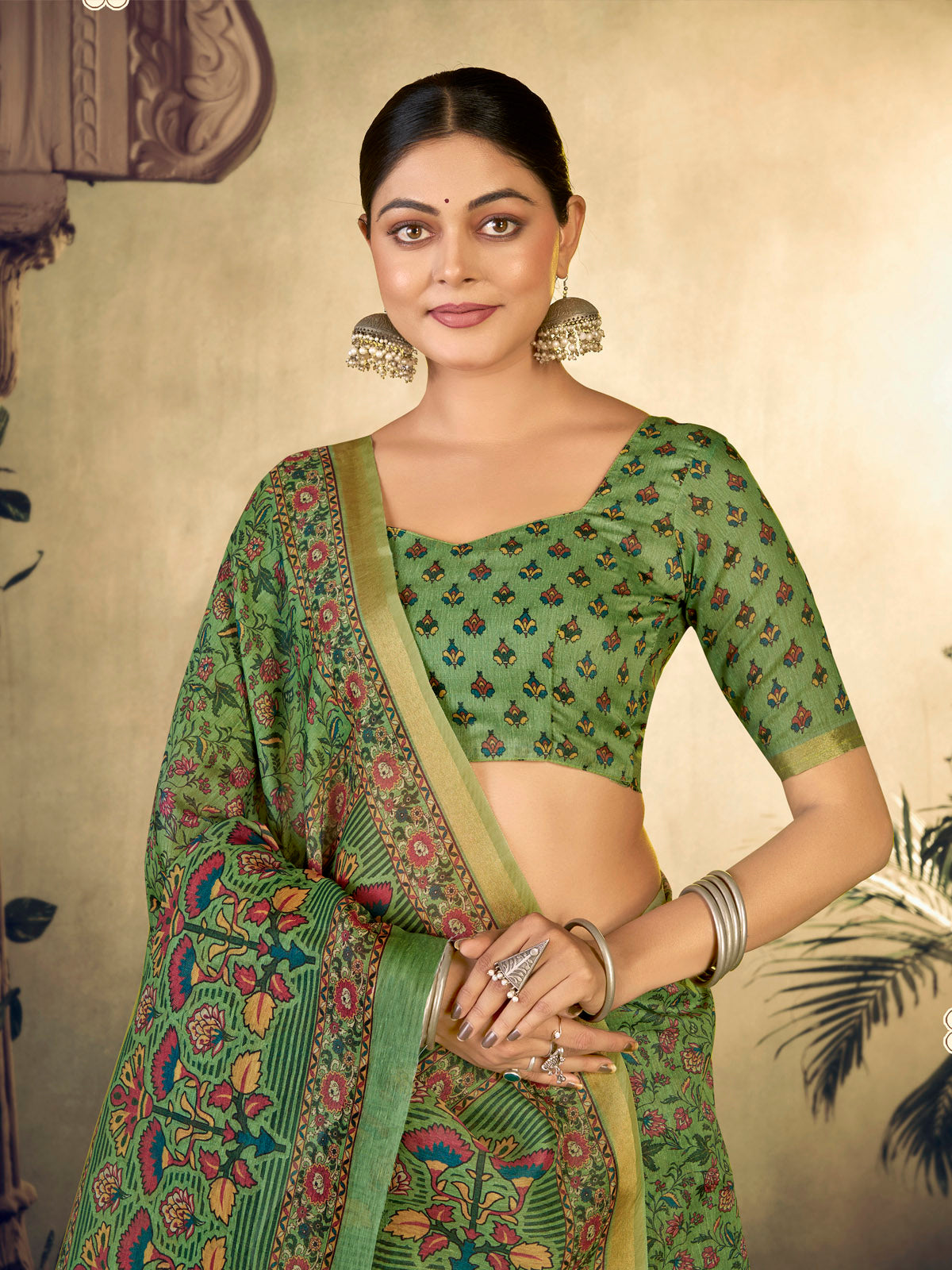 Amrapali - Green Chanderi Cotton Digital Printed Saree with Zari Border