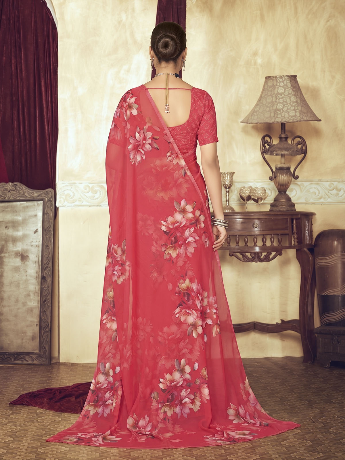 Riddhi - Red Georgette Floral Digital Printed Saree