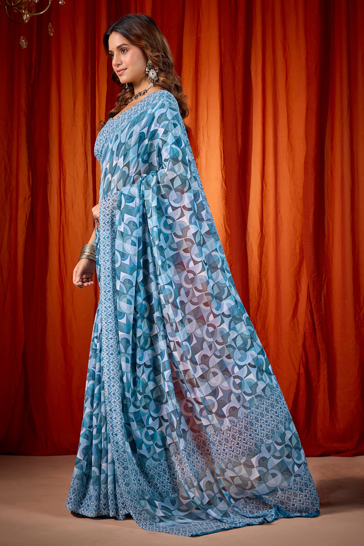 Shraddha - Cadet Blue Georgette Digital Printed Saree