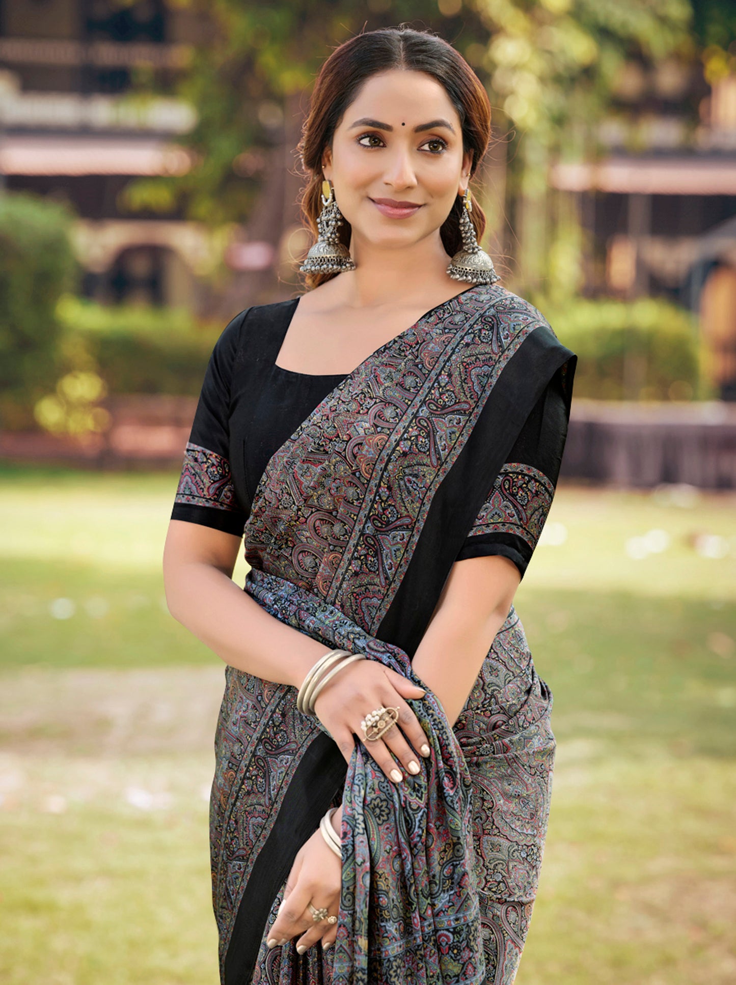 Rajkala - Black Printed Crepe Silk Saree